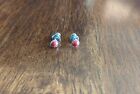 Vintage 925 Sterling Silver Jewelry Red Coral Tiny Stud Earrings J6
