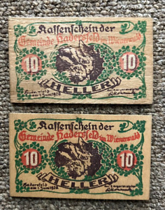 LOT OF 2 WOODEN NOTGELD 1920 AUSTRIA HADERSFELD RED-GREEN  10 HELLER