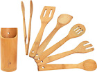 Wooden Kitchen Utensils Set, 7 Piece Bamboo Cooking Tools and Holder Cooking Spo