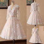 Champagne Lace Short Wedding Dress Tea Length 3/4 Sleeve V Neck Bridal Ball Gown
