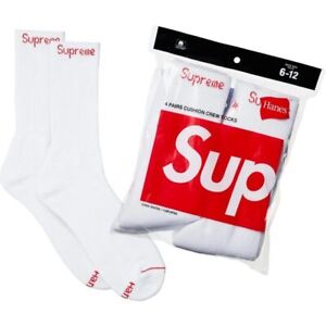 Supreme X Hanes Crew Socks - White, Pack of 4, Size 6-12