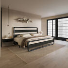 New ListingKing Size Black Metal Platform Bed Frame with Linen Upholstered Headboard