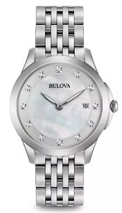 Bulova 96P174 Silver Tone 12 Diamond White Mother of Pearl Dial Ladies Watch