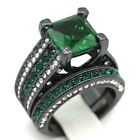 3Ct Princess Lab-Created Green Emerald Womens Wedding Ring Set Black Gold Finish