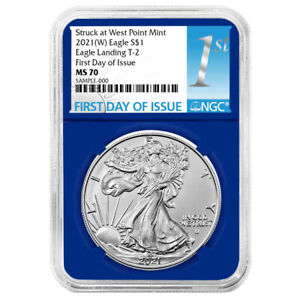 2021 (W) $1 Type 2 American Silver Eagle NGC MS70 FDI First Label Blue Core