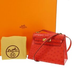HERMES Mini Kelly 20 Used Shoulder Red Ostrich Leather #CN343 S