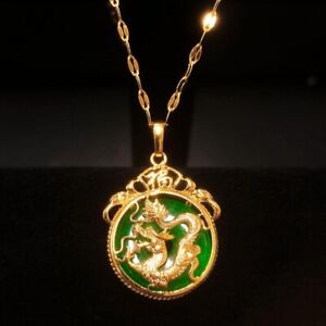Green Jade Dragon Fengshui Lucky Wealth Protection Women Men Chain Necklace Gift