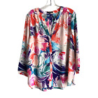 NYDJ Women's Blouse Size XL Floral Chiffon Sheer 3/4 Sleeve Boho Pleated