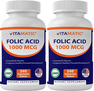 2 Pack - Vitamatic Folic Acid 1000 mcg (1 mg) - 240 Vegetarian Tablets