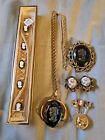 Vtg Jewelry Cameo Lot Pendant Brooch Necklace Gold Plated Bracelet Earrings 5 Pc