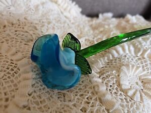 Hand Blown Art Glass Blue Flower Long Green Stem 11