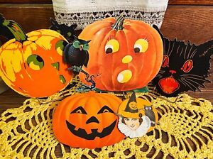5 Antique Vintage Halloween Diecut Decorations Dennison, Jack o' Lanterns Cats!