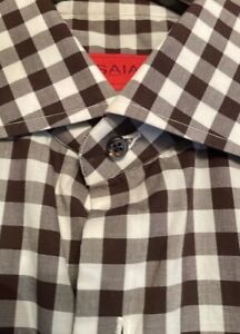 ISAIA NAPOLI 16/41 100% Cotton Made In Italy Spread Collar Brown Large Checkered