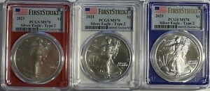 Lot Of 3 - 2021 PCGS MS70 Silver American $1  Eagle Type 2 First Day Of Issue