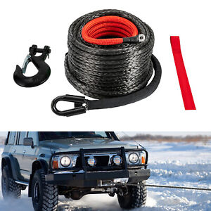 3/8x100“” Synthetic Winch Rope with Hook Black Winch Cable w/Protective Sleeve