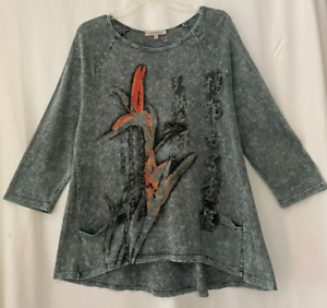 Jess & Jane L muted teal bird of paradise tee shirt top 3/4 sleeves pockets USA