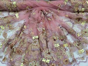 Pink Beaded Lace 3d Gold Floral Flowers  Fabric Sold By the Yard Gown Embroidery
