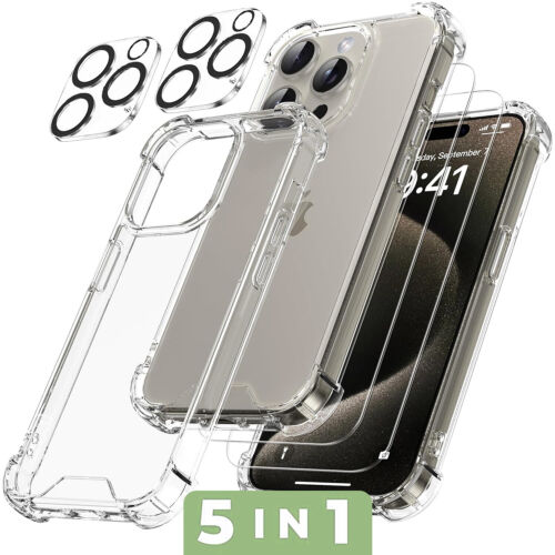 For iPhone 15 14 13 12 Pro Max Clear Shockproof Case +2*Screen +2*Lens Protector