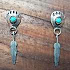Vintage Native American Sterling Silver turquoise Bear Claw &Feather Earrings