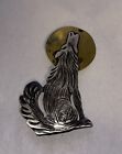 Sterling Silver and Brass Howling Wolf and Moon Pin