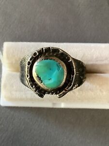 Old Pawn Silver Turquoise Native American Southwest Horseshoe Ring Sz 11-1/2