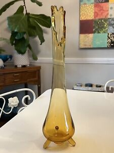 LE Smith Amber Yellow Swung Glass Vase 14” Smooth 3 Toe MCM