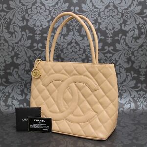 CHANEL MEDALLION Caviar Skin Leather Beige Tote Bag #2642 Rise-on