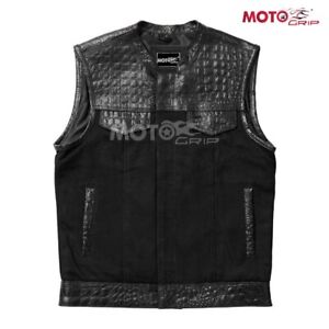 Crocodile Style Black Leather Vest Black Lining Motorbike Concealed Waistcoat