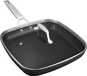 Square Grill Pan with lid, Stay-Cool Handle, Each Ridge Nonstick, Oven Safe D...