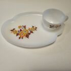 New ListingWhite Milk Glass Cup Luncheon Plate Fall Colors Brown Orange Yellow Leaf Flower
