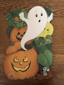 Vintage Die Cut Halloween Ghost with Jack-O-Lantern Pumpkin Hallmark Decoration