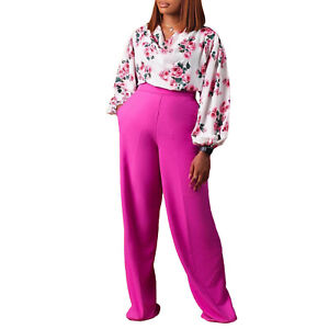 NEW Women Stylish Floral Print Long Sleeves Shirt Blouse+Solid Long Pants 2pcs