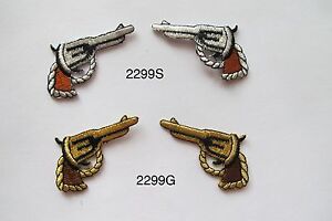 #2299 Lot 2 Pcs Gold,Silver Western Cowboy Gun Embroidery Iron On Applique Patch