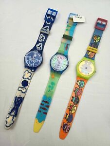 Lot of 3 vintage Swatch watches GN173 moonchild GN118 Hookipa GG175 - dmg straps