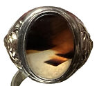 Antique Montana Agate 10K Gold Sterling Silver Ring Size 11 Mens Shield Band Big