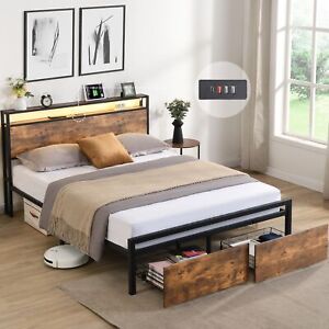 New ListingFull Size Bed Frame w/ Storage, 2 Drawers, LED Lights & Charging Station