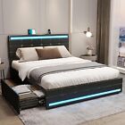 Queen Bed Frame with LED Lights Leather Platform Bed with Storage Drawers Black