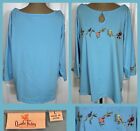 Quacker Factory Size Large Top Blue Embroidered Hummingbirds & Bling 3/4 Sleeves