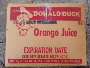 Vintage Donald Duck brand orange juice retail store cardboard box Disney