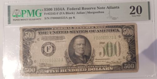 New ListingRare 1934 A  $ 500 HUNDRED DOLLAR  F. R. N. #00060323 **PMG 20** Atlanta