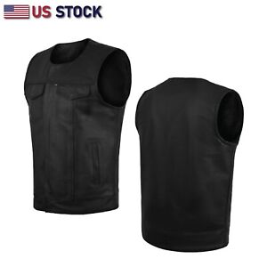 Men's SOA Collarless Leather Vest Motorcycle Biker Club Concealed Carry Outlaws