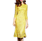 Yellow Floral Lace 3/4 Sleeve Elegant Trumpet Mermaid Cocktail Party Dress