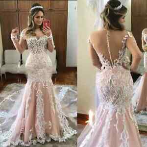 Blush Champagne Mermaid Wedding Dresses with lace Applique backless Bridal Gowns