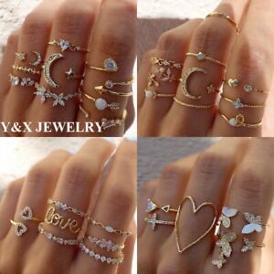 Retro Boho Rings Set Crystal Pearl Butterfly Gold Rings For Women Jewelry Set