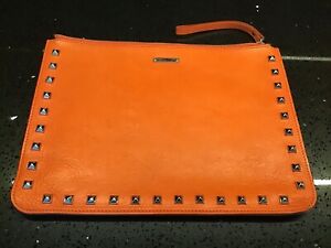 Rebecca Minkoff Womens Leather Studded Large Wristlet Clutch Handbag Orange