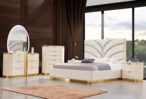 Beige w Gold Accent Modern Bedroom 4pc Set King Bed Nightstand Dresser Mirror