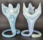 2x Art Glass Sooner Tulip Vase Spiral Stem Blue White Swirl Vintage MCM