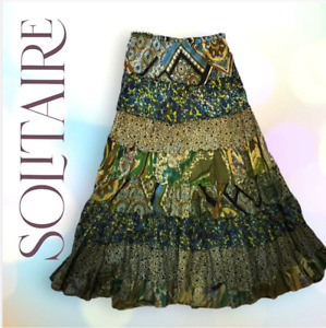 Vintage Women's Solitaire Green Patchwork Paisley Tiered Boho Maxi Skirt Size: M
