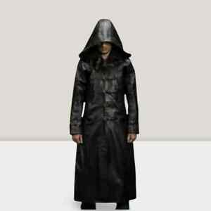Mens Genuine Black Leather Trench Coat Jacket Winter Long Coat with Hood