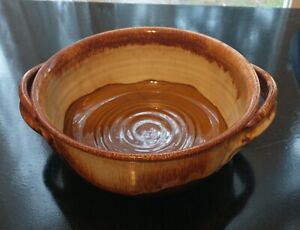 Hand Thrown Art Pottery Clay Bowl Drip Glaze Artist Signed Creme Brown Handles